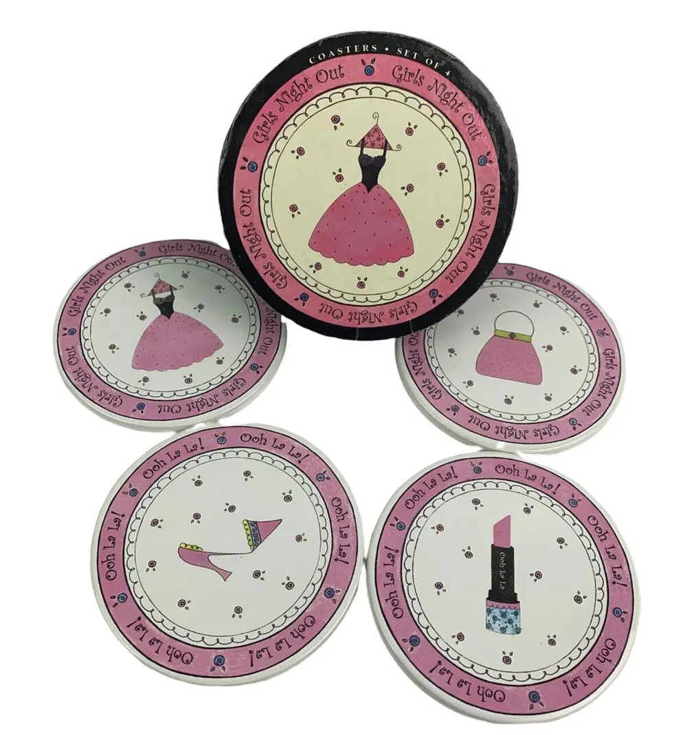Set of 4 Girls Night Out Ceramic Coasters in Box Pink Black Foam Back 4